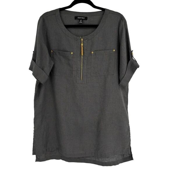 Ellen Tracy 100% Linen Short Sleeve Top Gray Medium - Picture 1 of 10